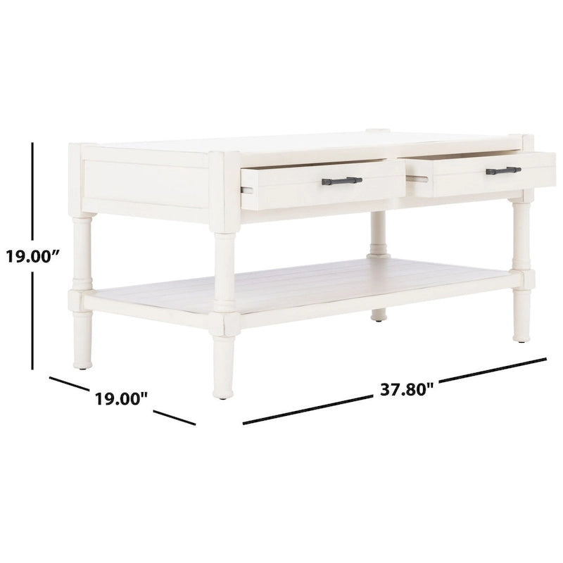 Table basse à étagère inférieure à 2 tiroirs – Blanc vieilli / Gris délavé / Noir / Marron
