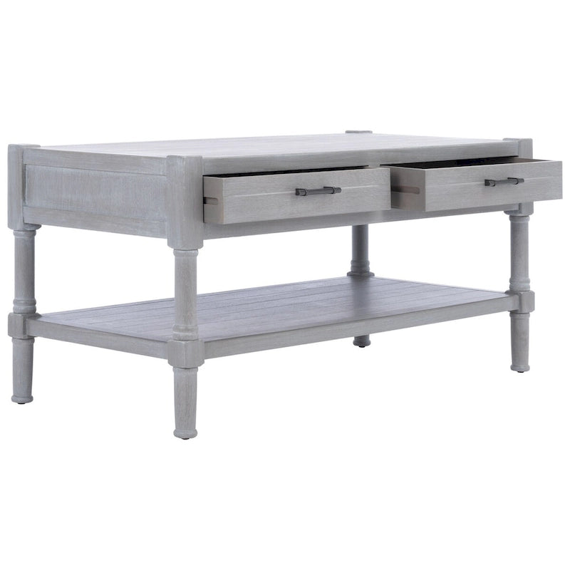 Table basse à étagère inférieure à 2 tiroirs – Blanc vieilli / Gris délavé / Noir / Marron