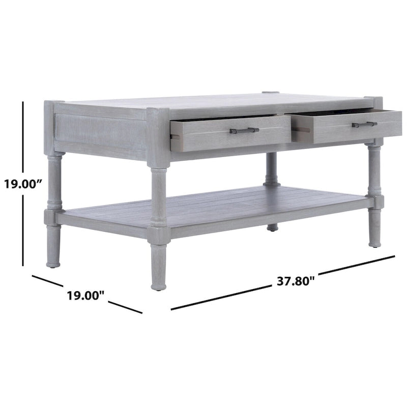 Table basse à étagère inférieure à 2 tiroirs – Blanc vieilli / Gris délavé / Noir / Marron
