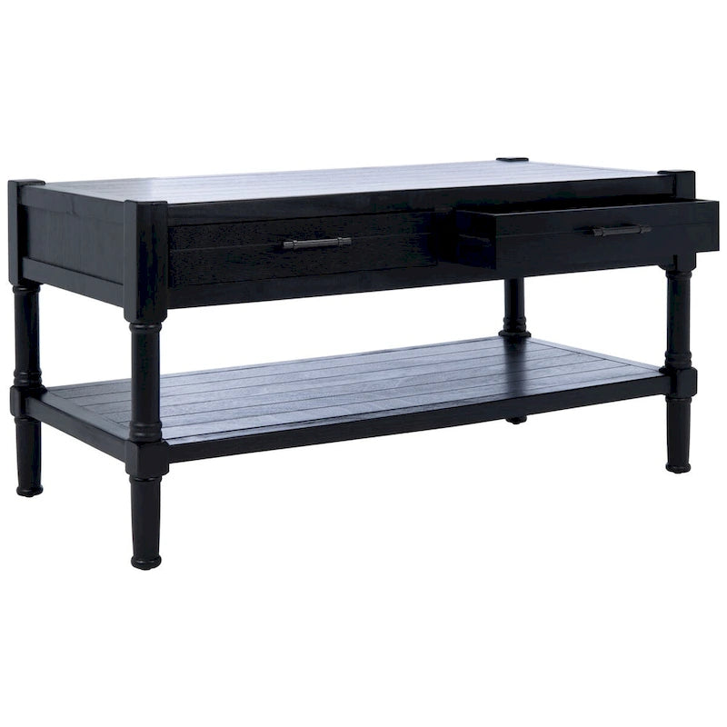 Table basse à étagère inférieure à 2 tiroirs – Blanc vieilli / Gris délavé / Noir / Marron