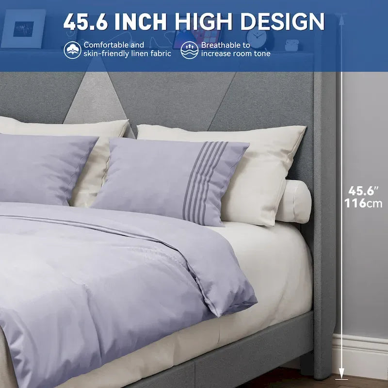 Cadre de lit de rangement en lin gris/beige avec tête de lit géométrique, grand lit/très grand lit, 2 personnes