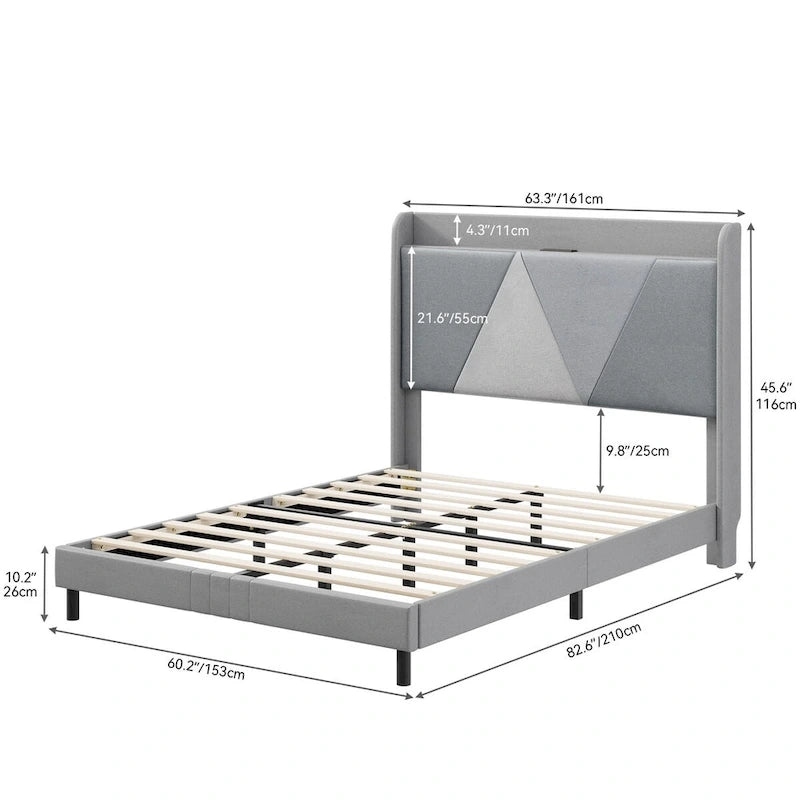 Cadre de lit de rangement en lin gris/beige avec tête de lit géométrique, grand lit/très grand lit, 2 personnes