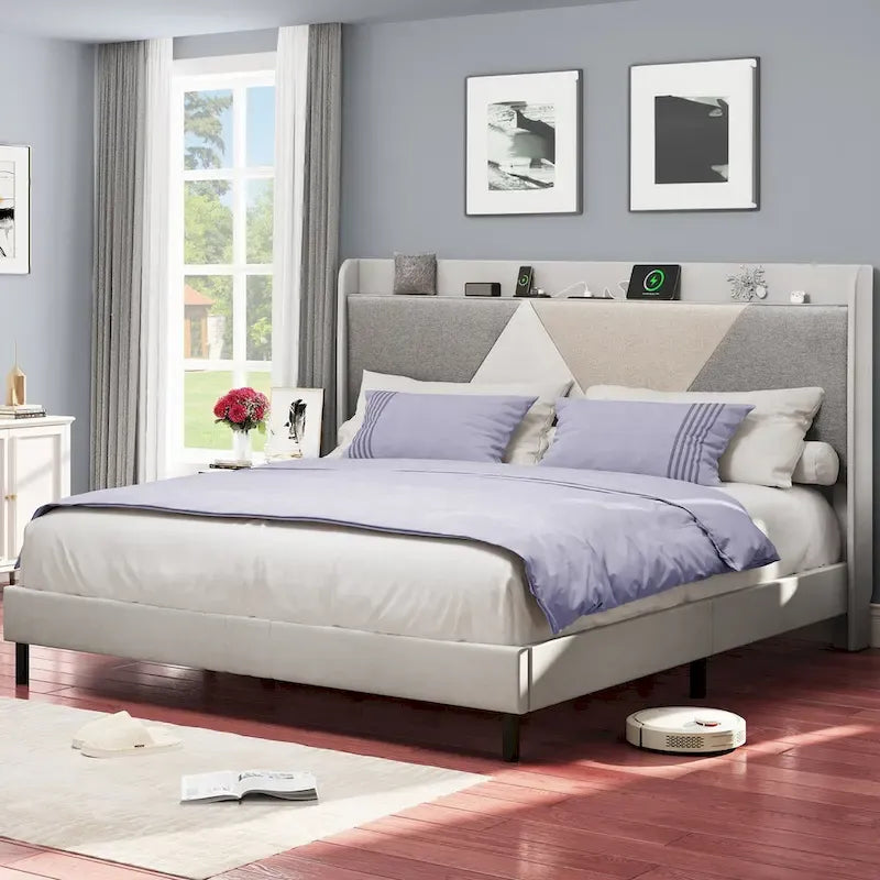 Cadre de lit de rangement en lin gris/beige avec tête de lit géométrique, grand lit/très grand lit, 2 personnes