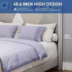 Cadre de lit de rangement en lin gris/beige avec tête de lit géométrique, grand lit/très grand lit, 2 personnes