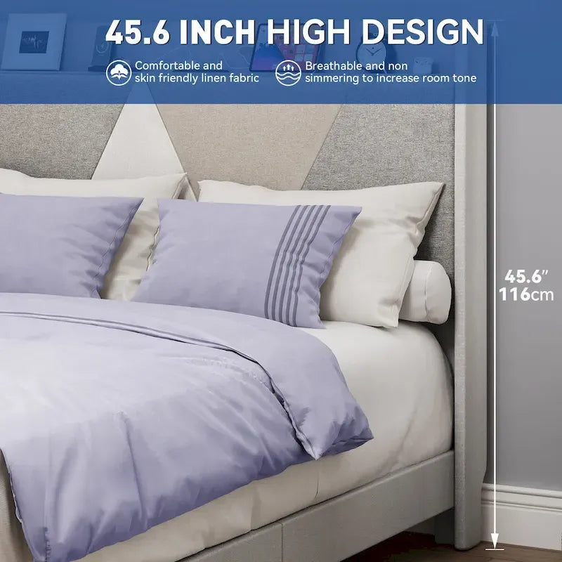 Cadre de lit de rangement en lin gris/beige avec tête de lit géométrique, grand lit/très grand lit, 2 personnes