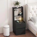 Table de chevet moderne Blanche/Bois/Noire avec station de recharge et veilleuse vocale, 1 utilisateur