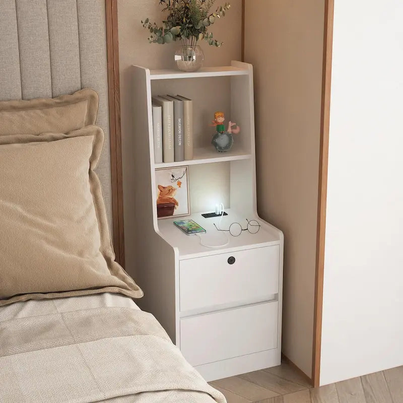 Table de chevet moderne Blanche/Bois/Noire avec station de recharge et veilleuse vocale, 1 utilisateur