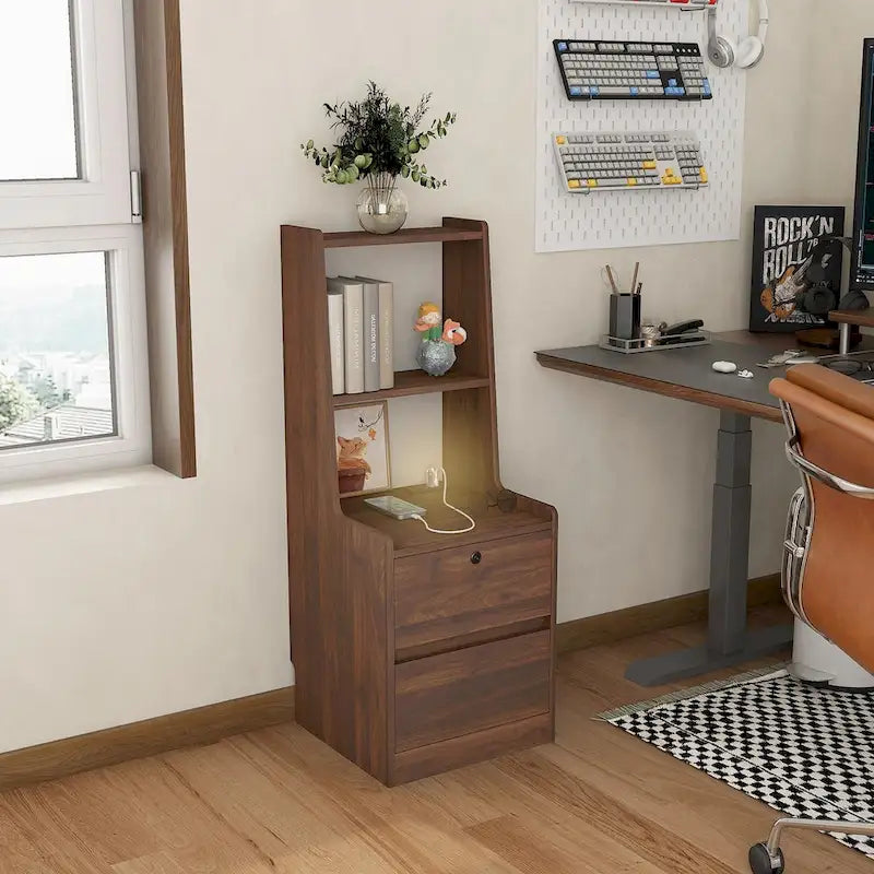 Table de chevet moderne Blanche/Bois/Noire avec station de recharge et veilleuse vocale, 1 utilisateur