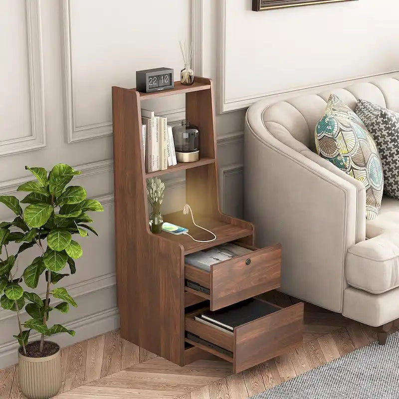 Table de chevet moderne Blanche/Bois/Noire avec station de recharge et veilleuse vocale, 1 utilisateur