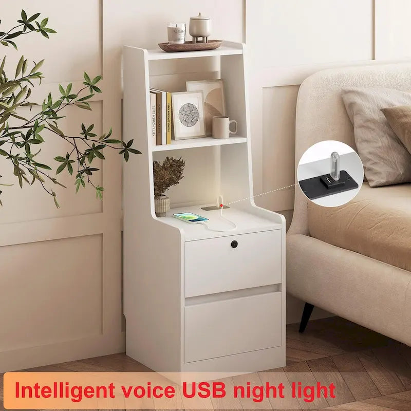 Table de chevet moderne Blanche/Bois/Noire avec station de recharge et veilleuse vocale, 1 utilisateur