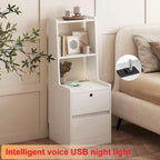 Table de chevet moderne Blanche/Bois/Noire avec station de recharge et veilleuse vocale, 1 utilisateur
