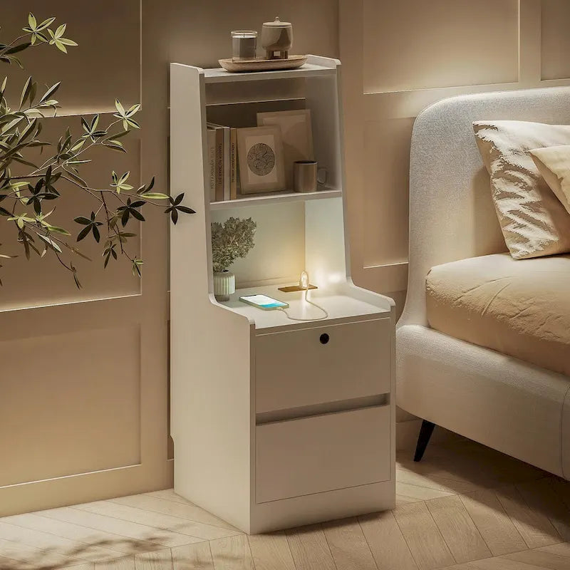 Table de chevet moderne Blanche/Bois/Noire avec station de recharge et veilleuse vocale, 1 utilisateur
