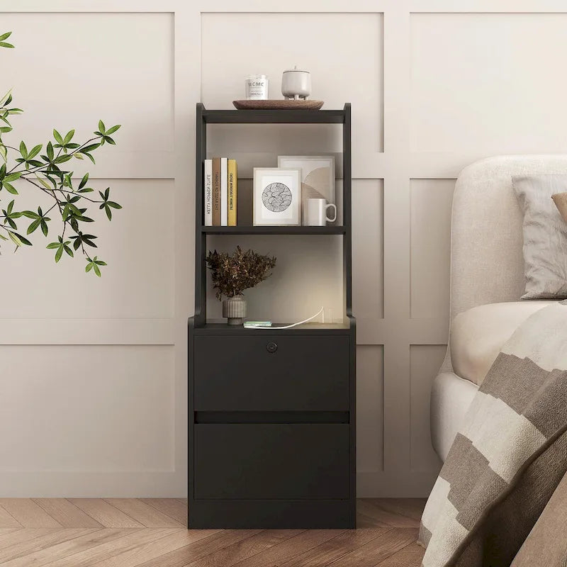 Table de chevet moderne Blanche/Bois/Noire avec station de recharge et veilleuse vocale, 1 utilisateur