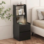 Table de chevet moderne Blanche/Bois/Noire avec station de recharge et veilleuse vocale, 1 utilisateur