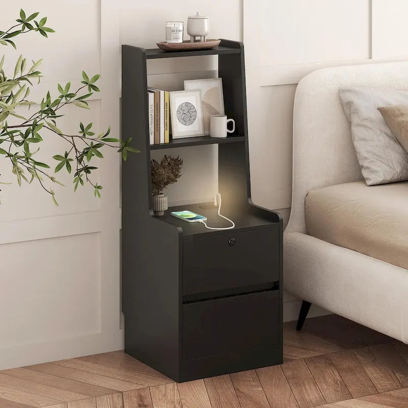 Table de chevet moderne Blanche/Bois/Noire avec station de recharge et veilleuse vocale, 1 utilisateur