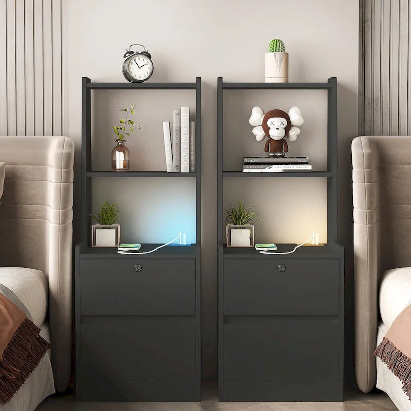Table de chevet moderne Blanche/Bois/Noire avec station de recharge et veilleuse vocale, 1 utilisateur
