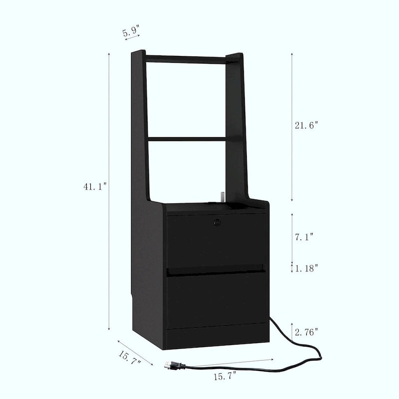 Table de chevet moderne Blanche/Bois/Noire avec station de recharge et veilleuse vocale, 1 utilisateur