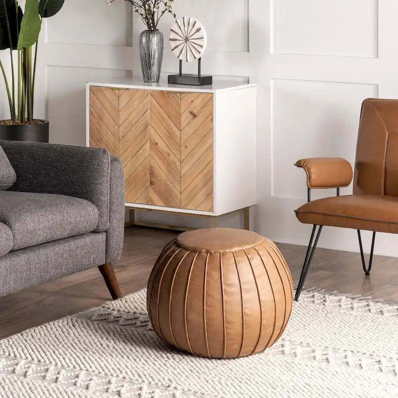Pouf Ottoman Rond en Similicuir Marron – Siège Simple