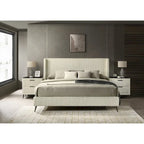 Roundhill Furniture Mavela Wide Wale Corduroy Upholstery Panel Bed with 2 Nightstands, Cream