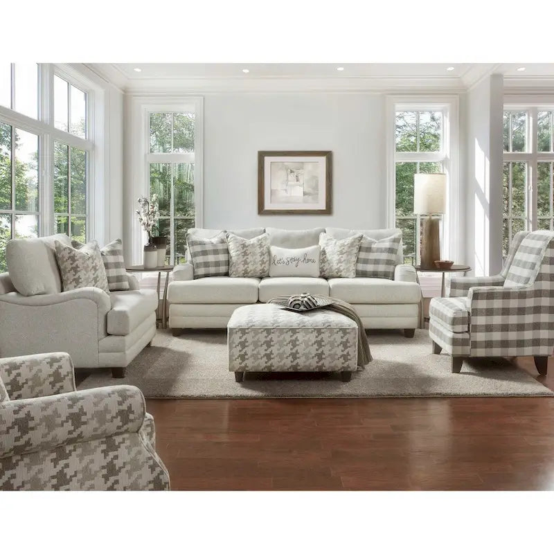 Fauteuil d'appoint en carreaux vichy de buffle blanc cassé et gris, une place