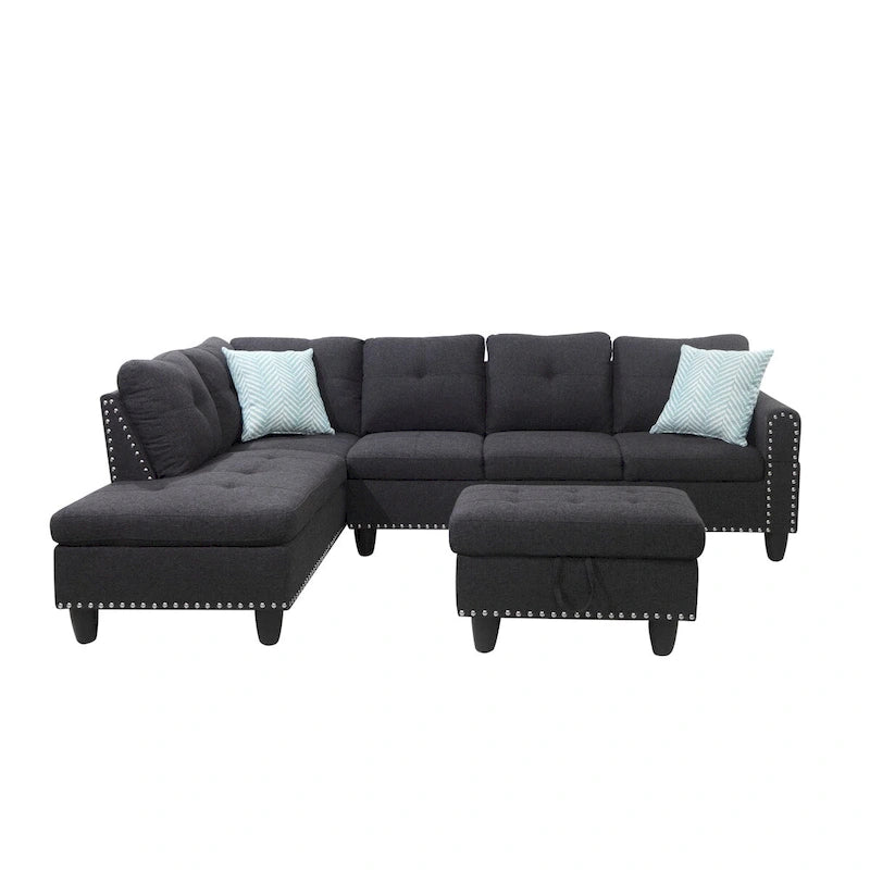 Canapé d'angle en forme de L, gris anthracite / gris foncé, avec méridienne et pouf, 3 places et plus
