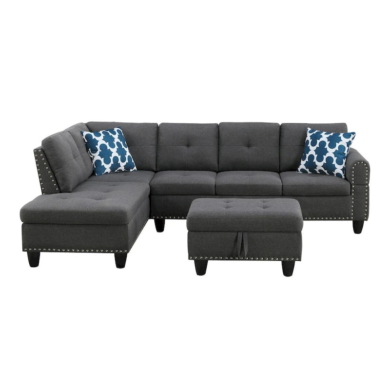 Canapé d'angle en forme de L, gris anthracite / gris foncé, avec méridienne et pouf, 3 places et plus