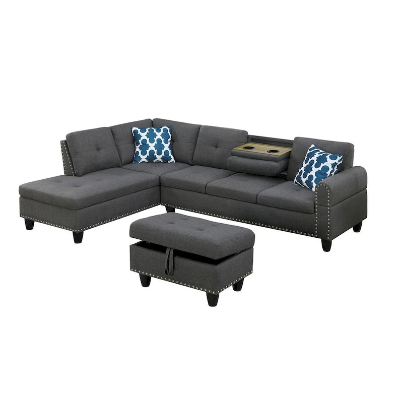 Canapé d'angle en forme de L, gris anthracite / gris foncé, avec méridienne et pouf, 3 places et plus