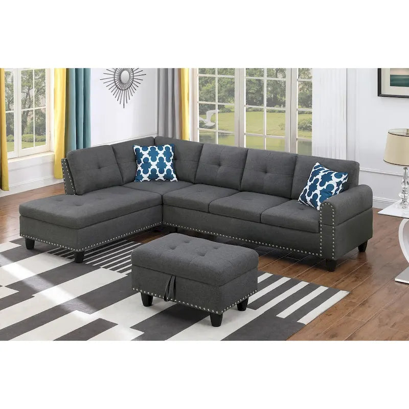 Canapé d'angle en forme de L, gris anthracite / gris foncé, avec méridienne et pouf, 3 places et plus