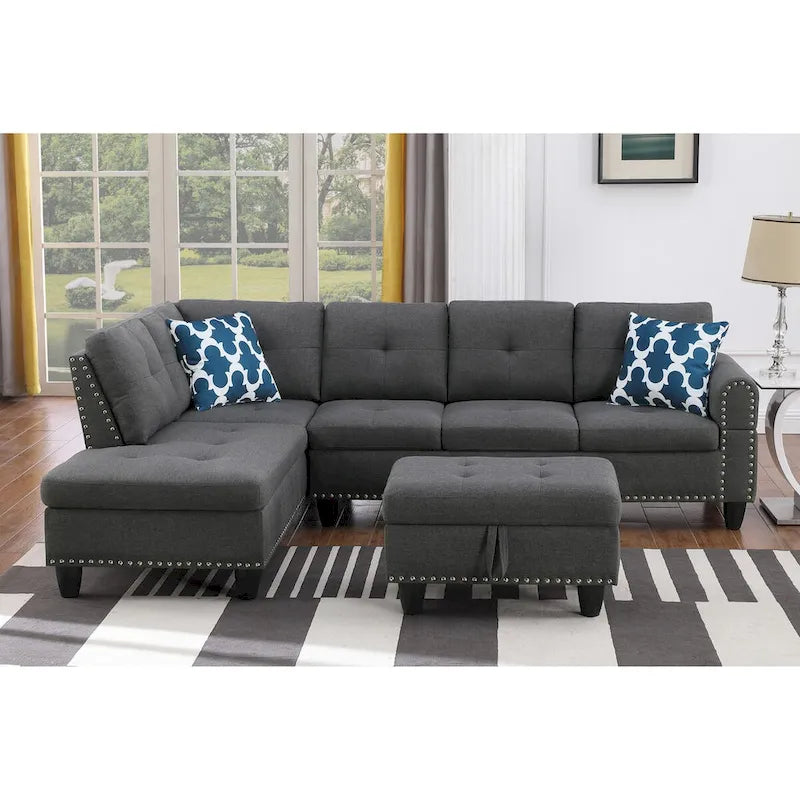 Canapé d'angle en forme de L, gris anthracite / gris foncé, avec méridienne et pouf, 3 places et plus