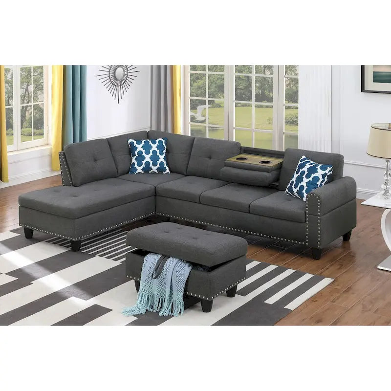 Canapé d'angle en forme de L, gris anthracite / gris foncé, avec méridienne et pouf, 3 places et plus