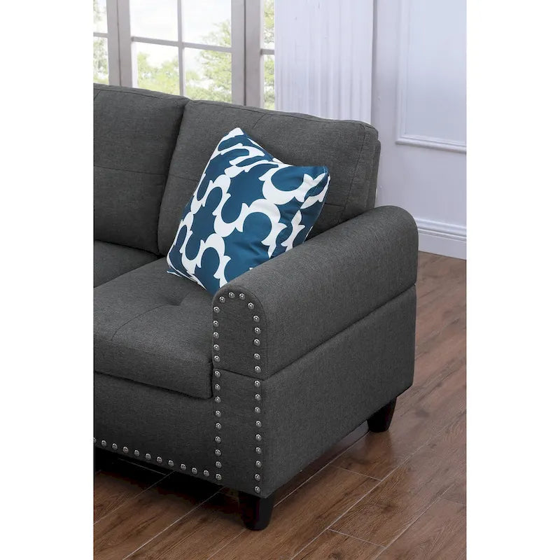 Canapé d'angle en forme de L, gris anthracite / gris foncé, avec méridienne et pouf, 3 places et plus