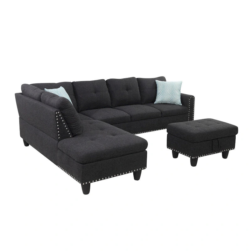 Canapé d'angle en forme de L, gris anthracite / gris foncé, avec méridienne et pouf, 3 places et plus