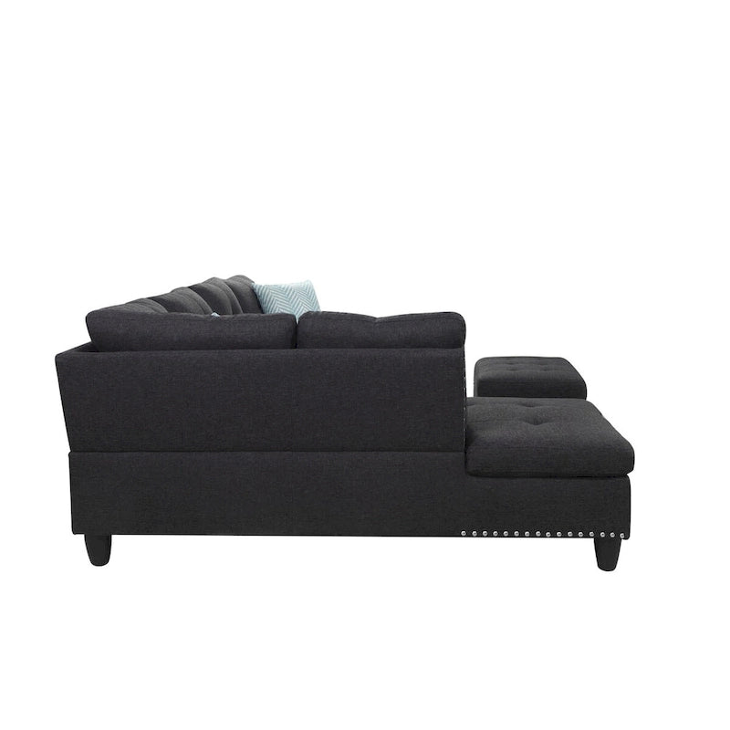 Canapé d'angle en forme de L, gris anthracite / gris foncé, avec méridienne et pouf, 3 places et plus