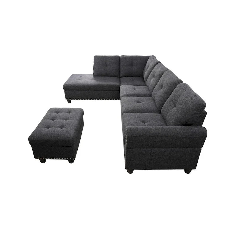 Canapé d'angle en forme de L, gris anthracite / gris foncé, avec méridienne et pouf, 3 places et plus