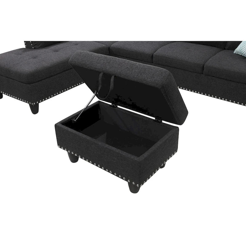 Canapé d'angle en forme de L, gris anthracite / gris foncé, avec méridienne et pouf, 3 places et plus