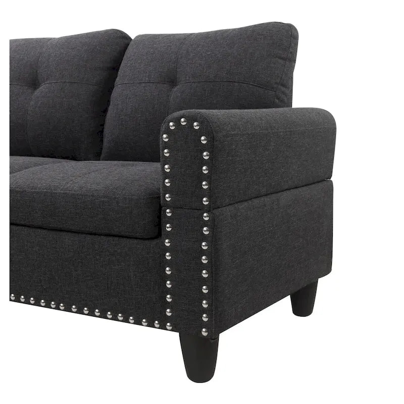 Canapé d'angle en forme de L, gris anthracite / gris foncé, avec méridienne et pouf, 3 places et plus