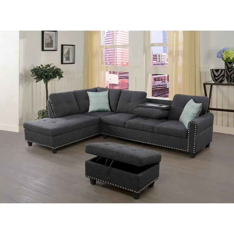 Canapé d'angle en forme de L, gris anthracite / gris foncé, avec méridienne et pouf, 3 places et plus