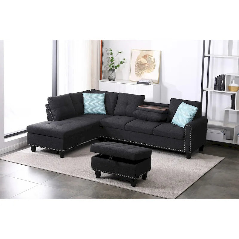 Canapé d'angle en forme de L, gris anthracite / gris foncé, avec méridienne et pouf, 3 places et plus