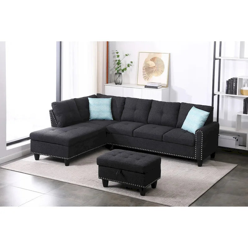 Canapé d'angle en forme de L, gris anthracite / gris foncé, avec méridienne et pouf, 3 places et plus