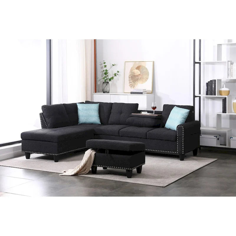 Canapé d'angle en forme de L, gris anthracite / gris foncé, avec méridienne et pouf, 3 places et plus