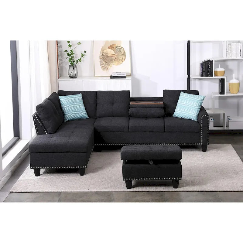 Canapé d'angle en forme de L, gris anthracite / gris foncé, avec méridienne et pouf, 3 places et plus