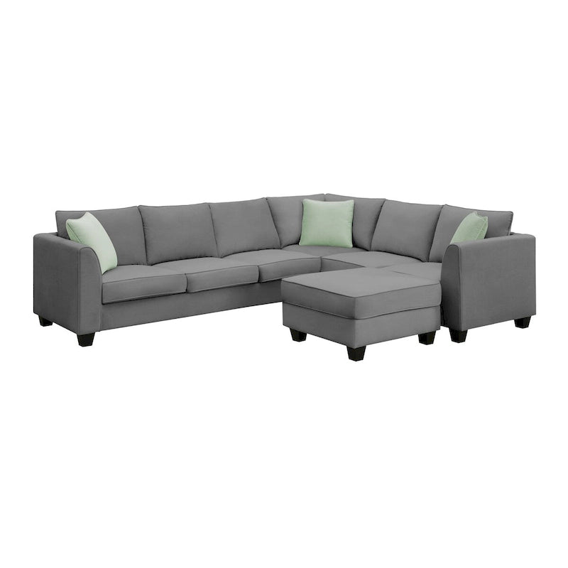Canapé d'angle 7 places gris/noir avec pouf et 3 coussins