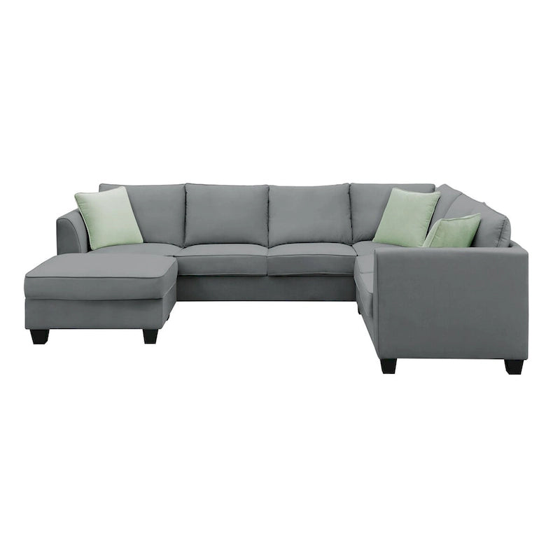 Canapé d'angle 7 places gris/noir avec pouf et 3 coussins