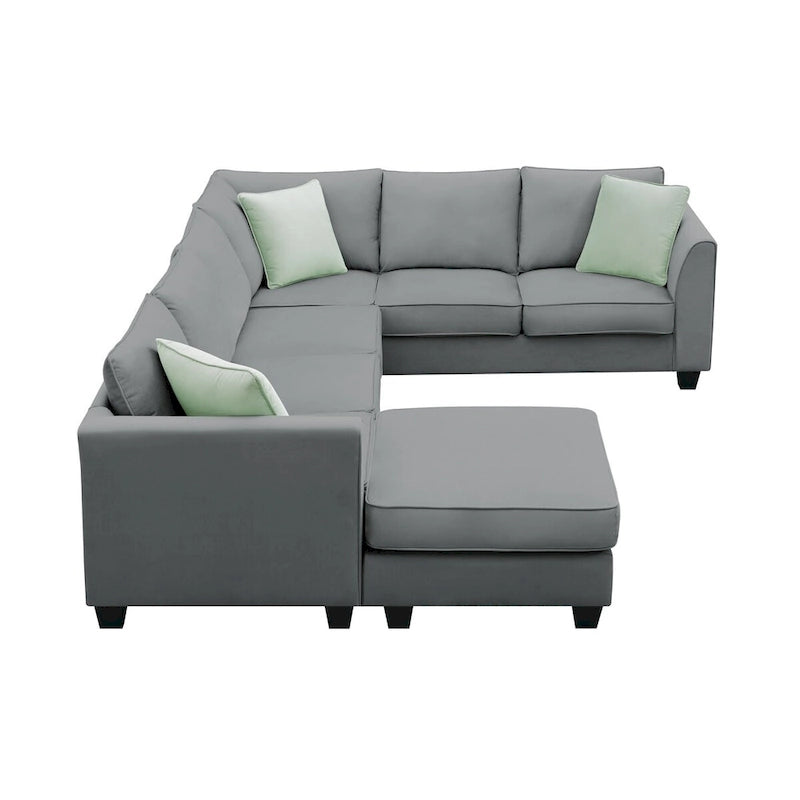 Canapé d'angle 7 places gris/noir avec pouf et 3 coussins