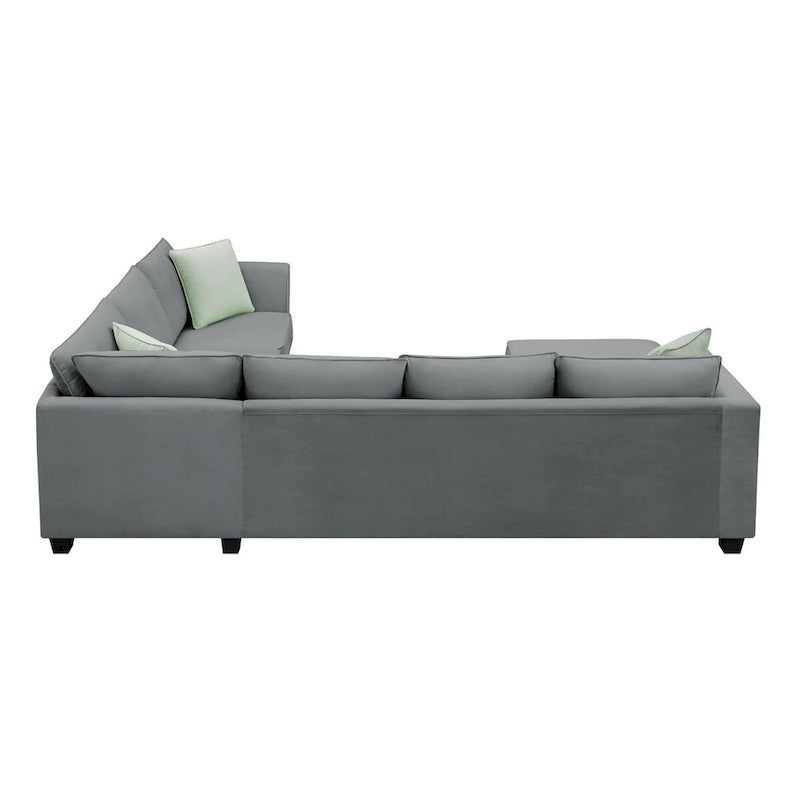 Canapé d'angle 7 places gris/noir avec pouf et 3 coussins