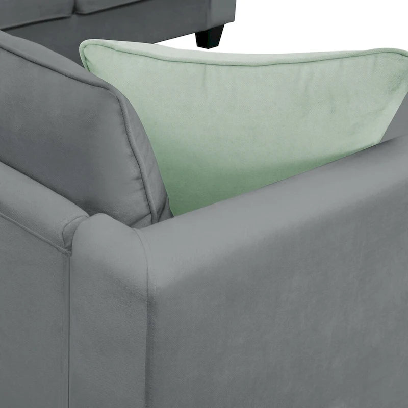 Canapé d'angle 7 places gris/noir avec pouf et 3 coussins