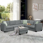 Canapé d'angle 7 places gris/noir avec pouf et 3 coussins