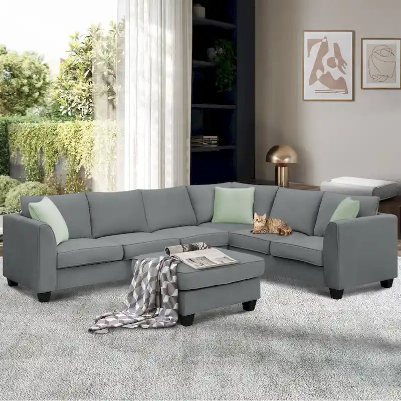 Canapé d'angle 7 places gris/noir avec pouf et 3 coussins