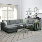 Canapé d'angle 7 places gris/noir avec pouf et 3 coussins