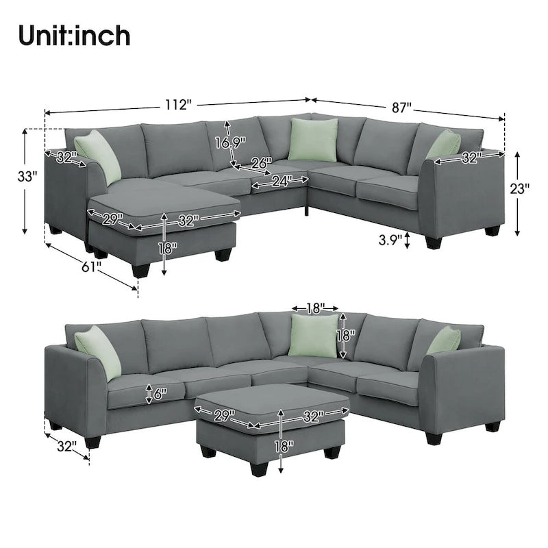 Canapé d'angle 7 places gris/noir avec pouf et 3 coussins